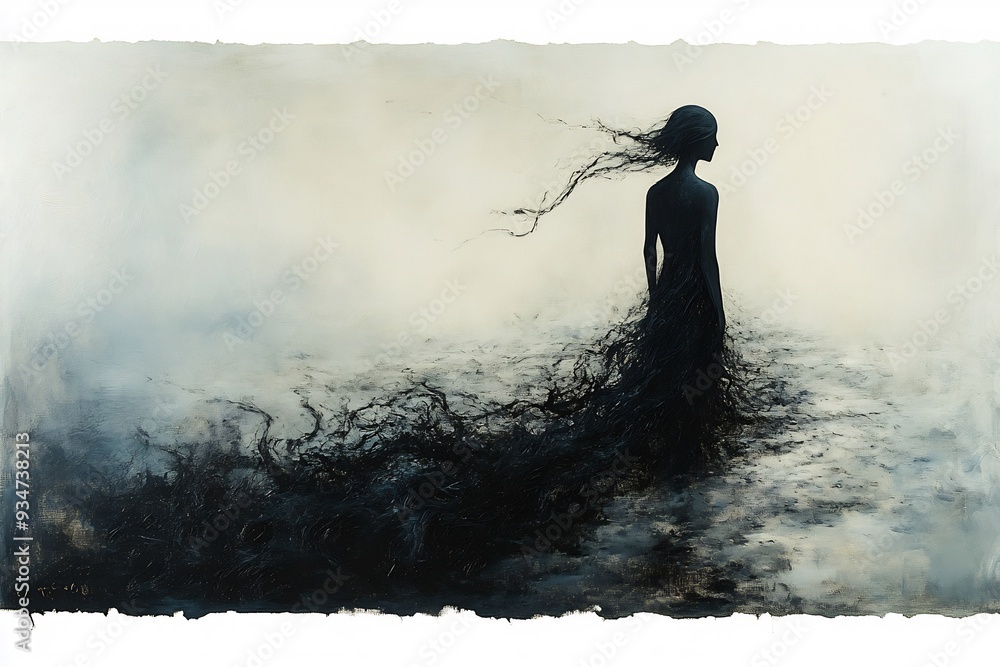 Poster invisible burden abstract portrayal of figure walking through desolate landscape their shadow cast l