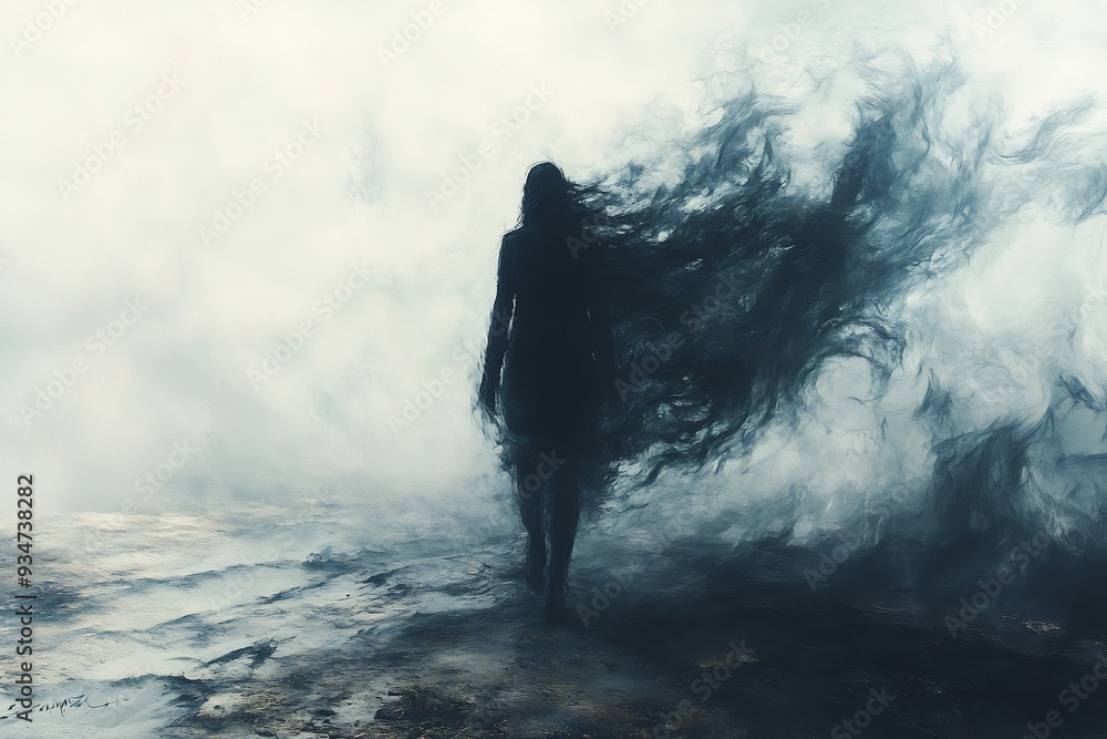 Poster invisible burden abstract portrayal of figure walking through desolate landscape their shadow cast l