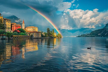Rainbow Over Italian Lake with Village and Mountains