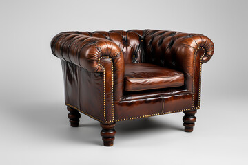 A vintage leather armchair with button-tufted details and brass nailhead trim, isolated on a white background.  Generative AI.