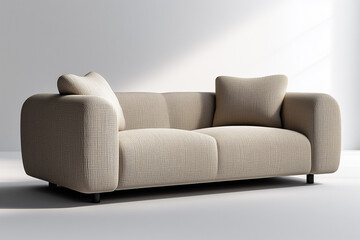 A modern minimalist sofa with clean lines and neutral tones, isolated on a white background.  Generative AI.