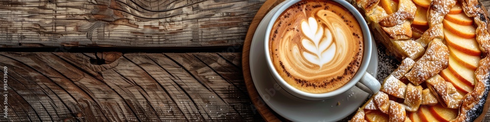 Poster close-up of cappuccino alongside a homemade apple and orange pie on a wooden table with ample empty 