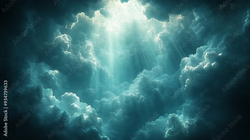 Poster light of awareness bright abstract image where beam of light break through dark cloudy sky light ill