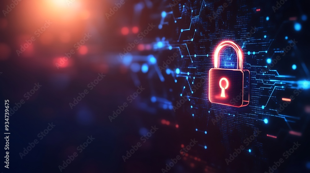 Poster cybersecurity: digital lock on abstract background