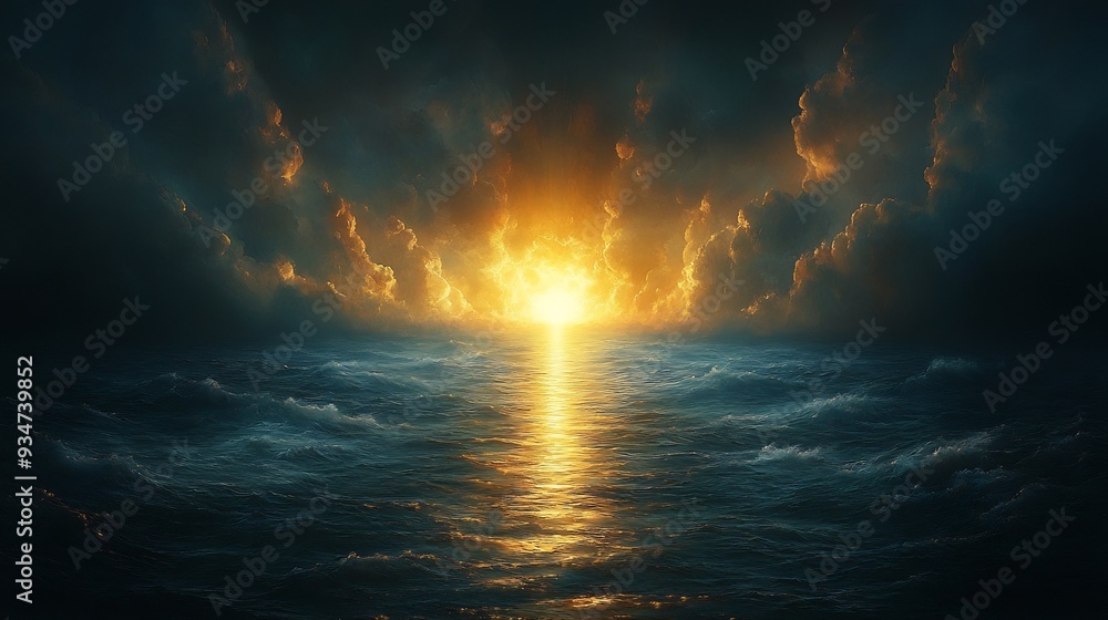 Poster light of awareness bright abstract image where beam of light break through dark cloudy sky light ill