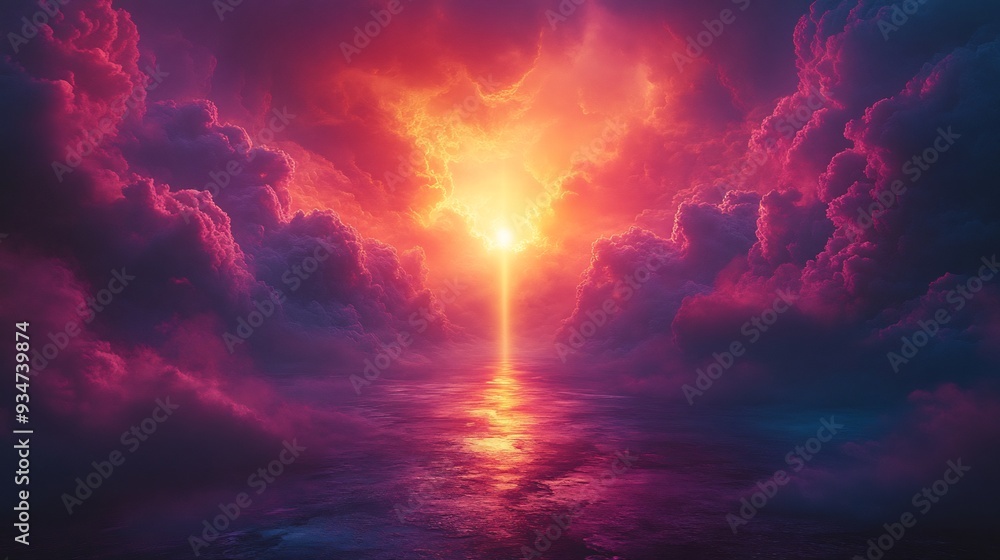 Poster light of awareness bright abstract image where beam of light break through dark cloudy sky light ill