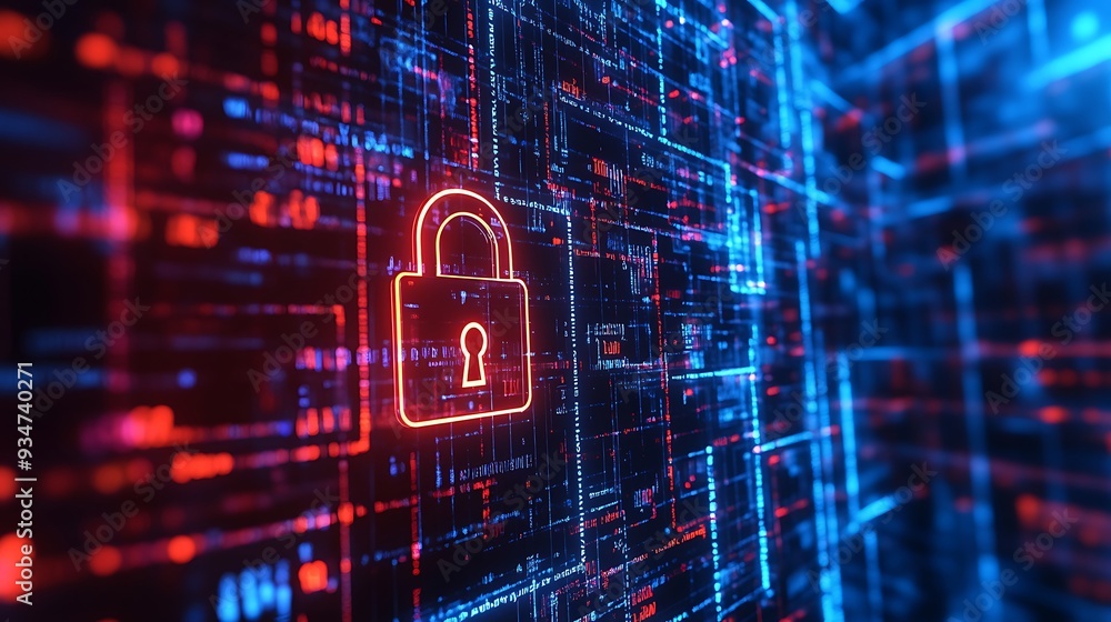 Poster cybersecurity: digital lock on a data network