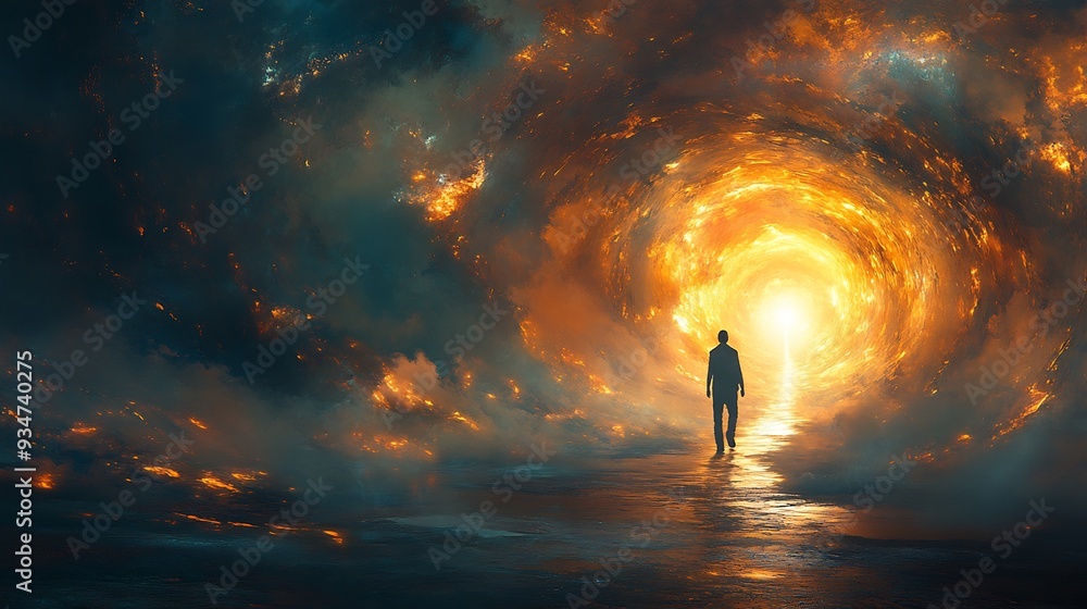 Poster light of hope a serene abstract image of a person walking towards a bright glowing light at the end 