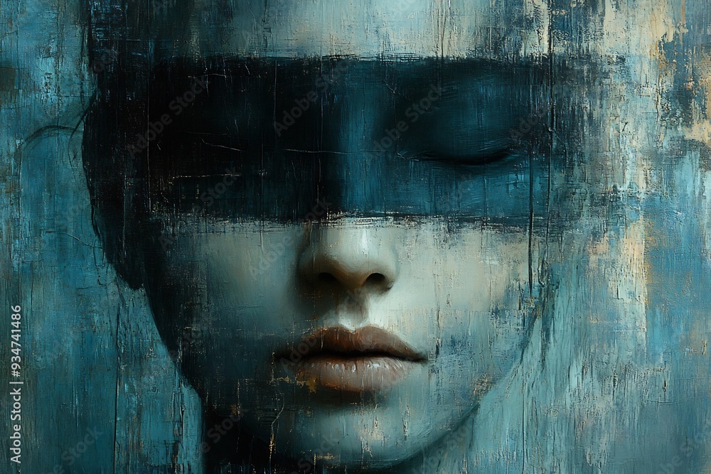 Poster mask of normalcy abstract image of figure wearing a mask that is perfectly calm and serene but behin