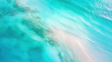 Turquoise Waves and Sandy Shores, an aerial view of serene waters blending shades of turquoise and aqua, revealing a delicate shoreline kissed by gentle waves.