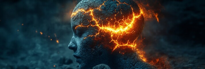 Mind's Breaking Point dramatic image of human head crack forming across surface representing breaking point of mental health crack glow dark fiery light symbolizing intense pressure stress lead mental