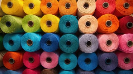Vibrant abstract geometric rainbow spools of thread in 3D texture create a stunning flat surface wall banner. Perfect for fashion design, garment concepts, and creative backgrounds.