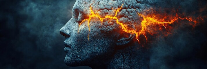 Mind's Breaking Point dramatic image of human head crack forming across surface representing breaking point of mental health crack glow dark fiery light symbolizing intense pressure stress lead mental