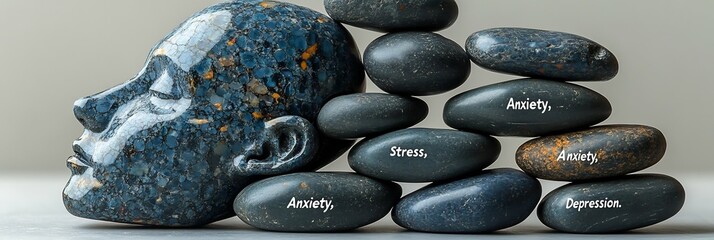 Mind's Burden abstract representation of human head filled heavy dark stone labeled Stress Anxiety Depression stone press down brain symbolizing weight of mental health issue while small crack form