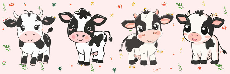 Kawaii-style cartoon cow illustrations, perfect for children's projects, educational materials, and creative designs