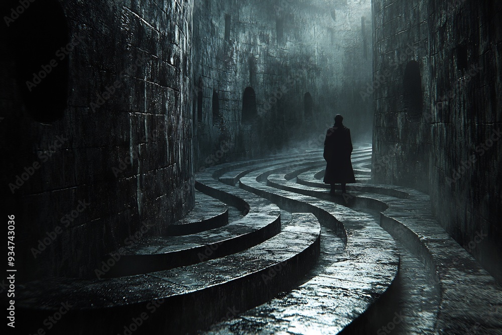 Poster mind's dark labyrinth surreal representation of mind dark twisting labyrinth tiny figure navigates m