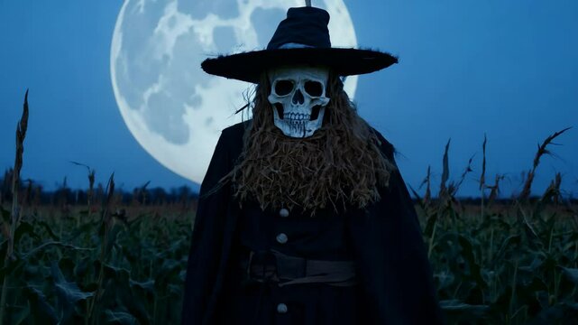 A frightening scarecrow with a skeleton face stands ominously in a cornfield under a full moon, perfect for Halloween.