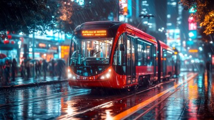 Obraz premium Red Tram Racing Through Rain Soaked Streets