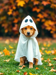 Cute dog wearing a ghost costume standing outside surrounded by autumn leaves