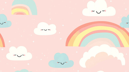 Playful clouds and rainbows seamless pattern in soft pastel pink and blue. Cheerful, whimsical, and perfect for children’s designs or nursery decor.