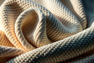 closeup beige knitted woolen fabric texture background