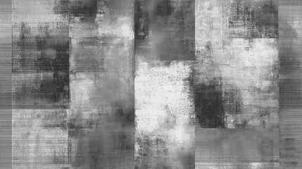 Abstract black and white textured pattern featuring rough, uneven squares and rectangles. This design has a distressed, industrial vibe, ideal for modern, edgy interior or graphic designs.
