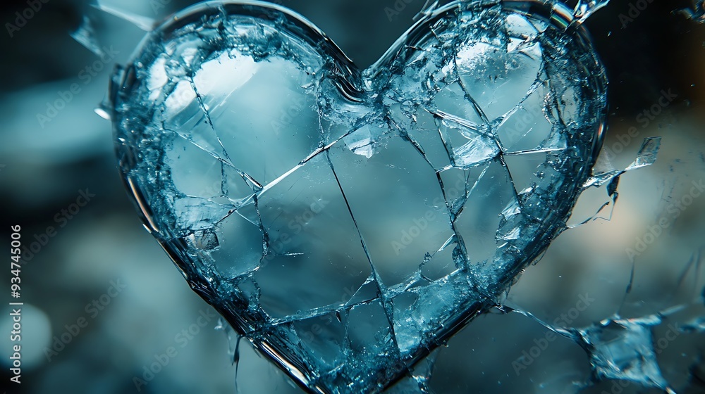 Poster a broken heart shape made of ice, presenting an abstract texture that evokes coldness and fragility.