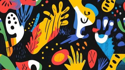 Fototapeta premium Abstract shapes and bold colors combined in a seamless pattern against a black background. Modern, vibrant, and energetic design for contemporary decor or fashion.