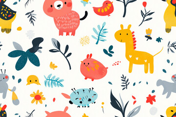 Adorable animals and nature elements arranged in a colorful seamless pattern on a white background. Whimsical and playful, perfect for children&rsquo;s decor or fabric.