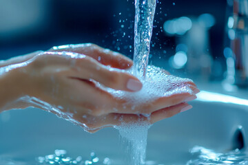 Fototapeta premium Hand washing with water and soap, clean and protection from dirty, virus, bacteria