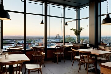 Fototapeta premium Chic Kitchen Caf� Design Featuring Wooden Furniture and City View Windows