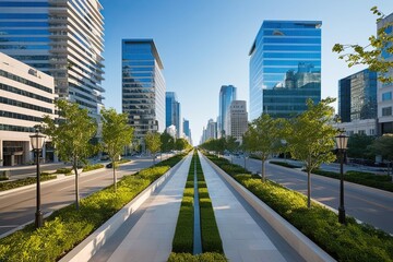 Fototapeta premium Modern Urban Office Structures and Innovative Architecture Along Pristine Avenue