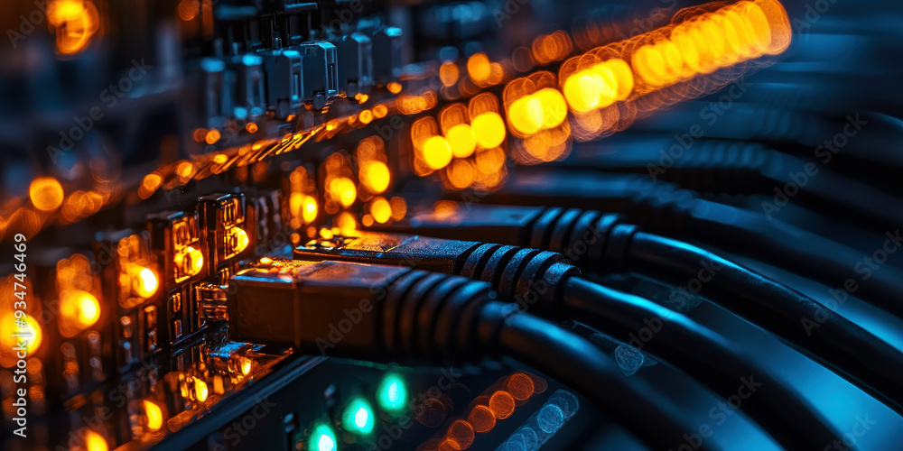 Poster lan cables, ethernet network cables data connection in hub plug internet, generative ai