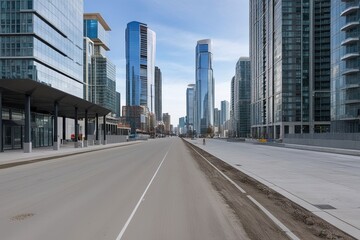 Obraz premium In-Depth Look at an Empty Street Next to Modern Skyscrapers and Urban Architecture