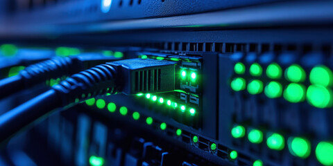Fototapeta premium lan cables, ethernet network cables data connection in hub plug internet, Generative ai