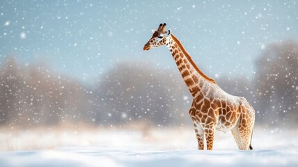 Fototapeta premium Serene scene of a giraffe moving through a snowy landscape, with snowflakes gently settling on its long neck and tranquil surroundings.