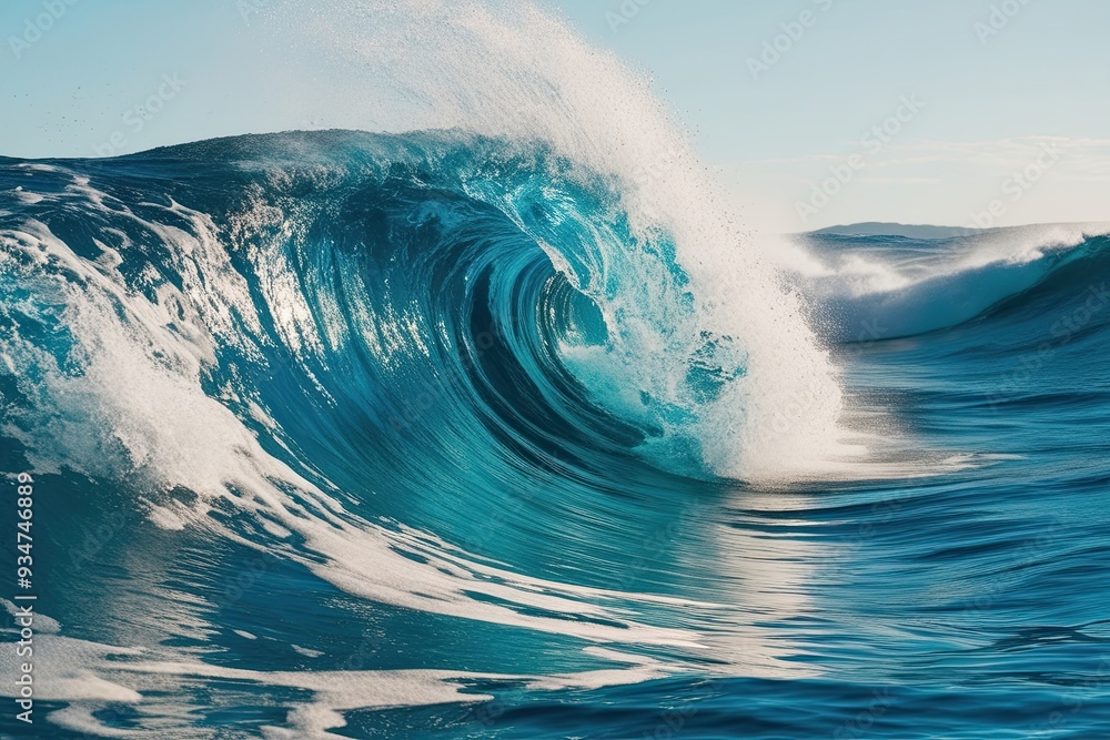Poster vibrant azure wave eruption with dynamic water spray and texture on pristine canvas
