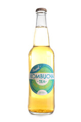 Bottle of tasty kombucha tea on white background