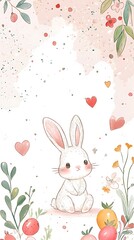 Cute Bunny with Flowers and Hearts Watercolor Illustration.