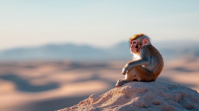 Curious monkey perched on a rock in the moonlit desert, with expressive eyes glowing under the starry sky and sand dunes in the background.