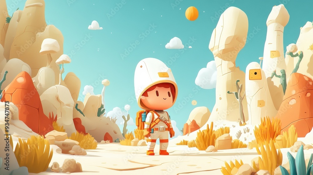 Poster futuristic 3d alien landscapes with dynamic 2d characters exploring a sci-fi world