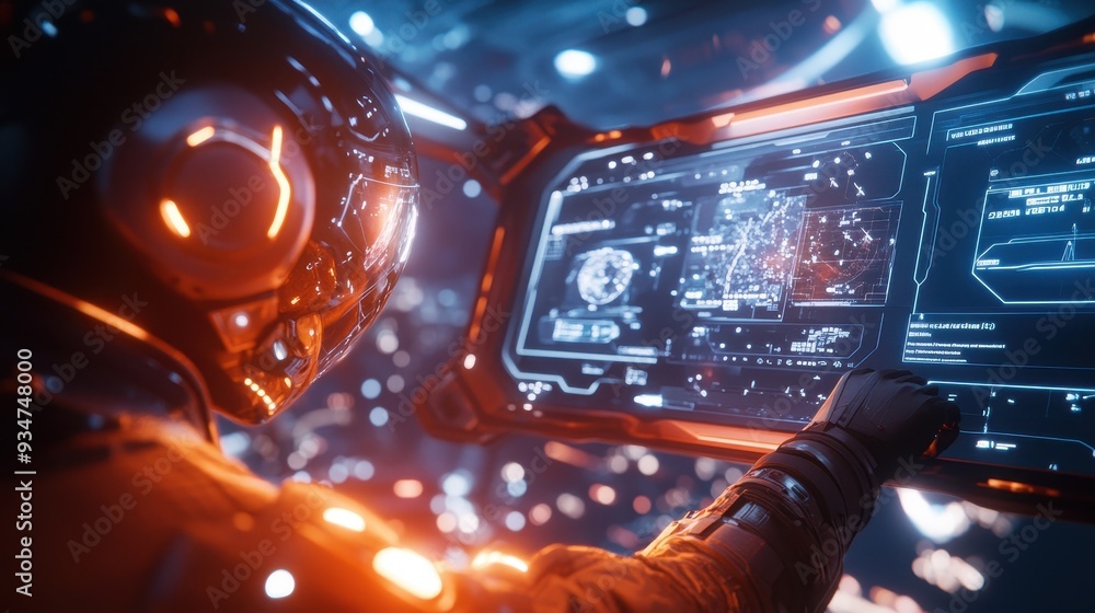 Poster futuristic 3d space station with interactive 2d holographic interfaces for virtual reality experienc
