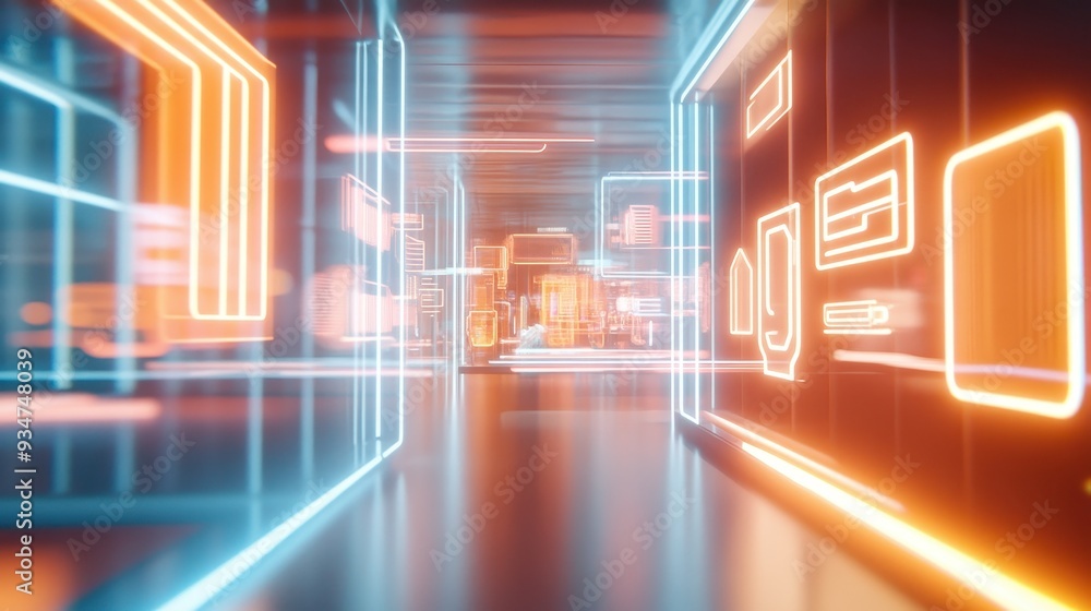 Poster futuristic 3d cityscape with dynamic 2d neon signs controlled by ai inputs