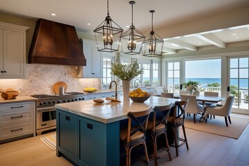 Chic Coastal Kitchen Design Featuring Stone Island and Expansive Dining Area