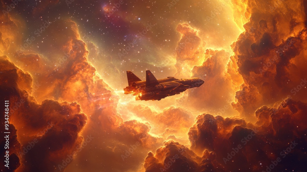 Poster futuristic 3d spaceship soaring through dynamic 2d nebula clouds