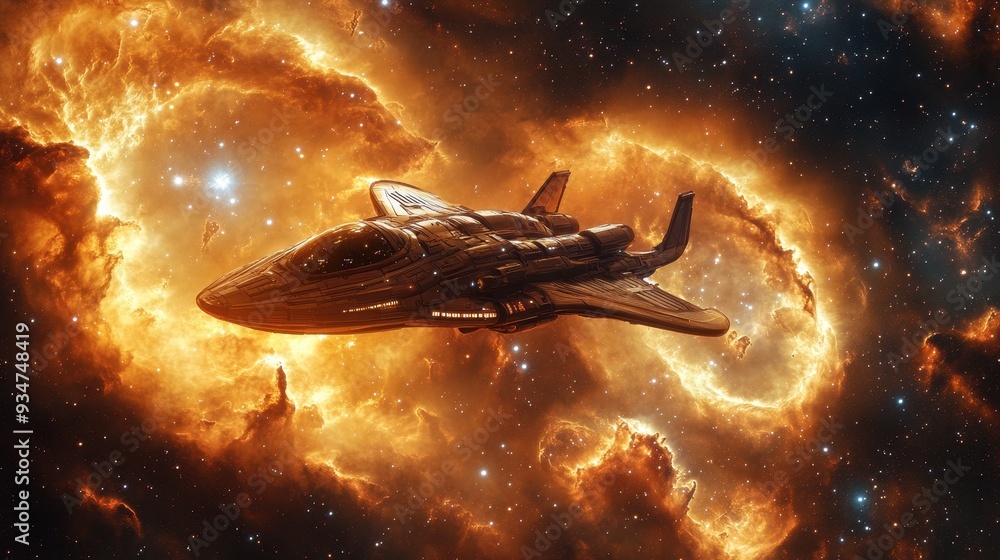 Poster futuristic 3d spaceship soaring through dynamic 2d nebula clouds
