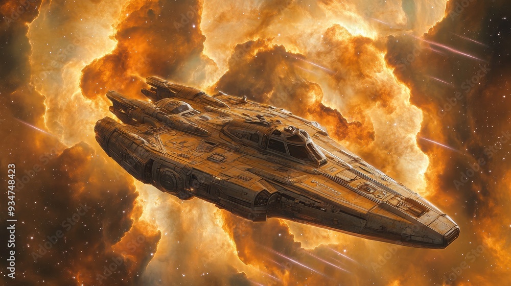 Poster futuristic 3d spaceship soaring amid dynamic 2d nebula clouds in space exploration adventure