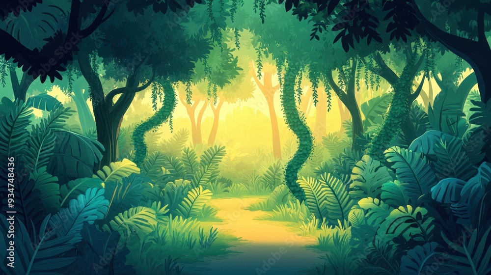 Poster interplay of dimensions: 3d jungle with 2d vines and tree depth integration