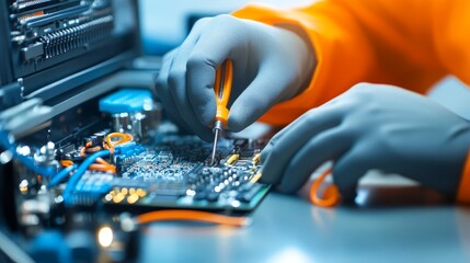 Technician Working on Motherboard Circuit Board with Screwdriver