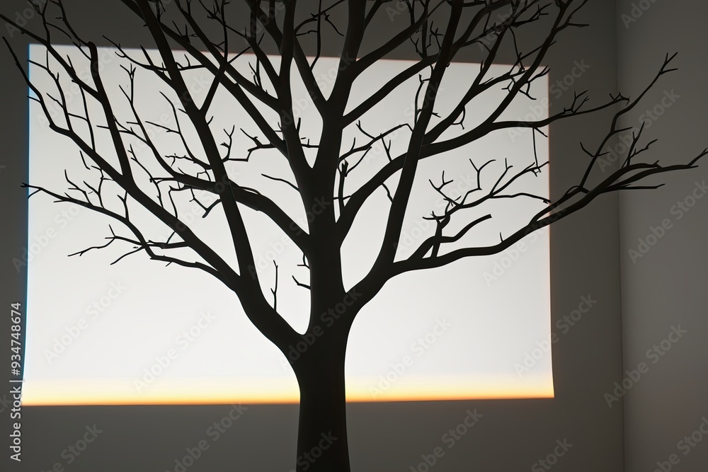 Poster elevated shadow projections of tree branches with morphing glow effect on bright background